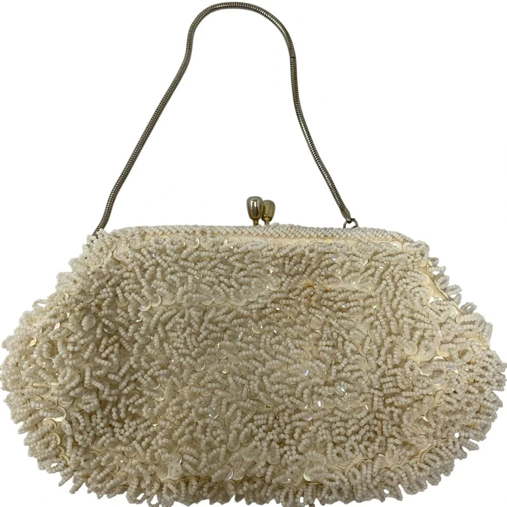 Vintage Beaded Evening Bag Ivory Sequin Gold Satin Interior Wedding Formal 1960s